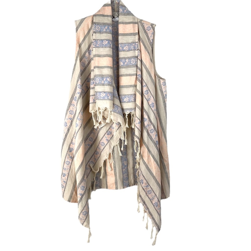 Boho Striped Fringe Drape Vest - Beige & Blue